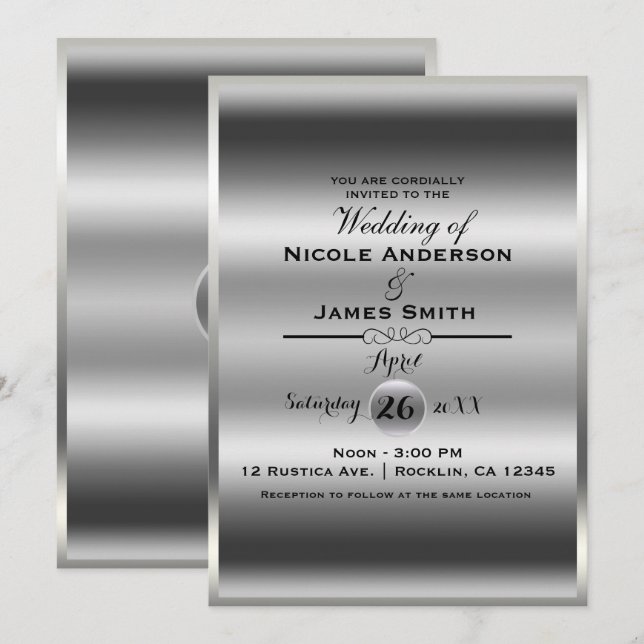 Invitation Mariage métallisé élégant classe brillant Silver S (Devant / Derrière)