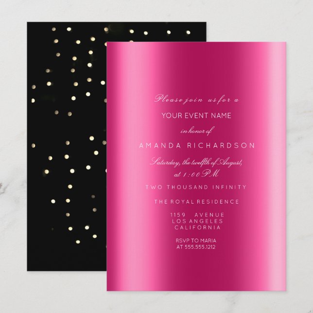 Invitation Mariage métallisé sépia noir confettis fuchsia (Devant / Derrière)