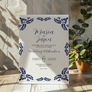 Invitation Mariage mexicain Talavera Blue Floral minimaliste