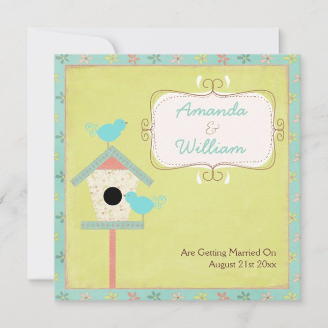 Invitation Mariage mignon et minable d'oiseaux et de volière (Devant)