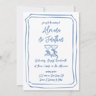 Invitation Mariage Minimal Bleu et Blanc Dessiné à la Main