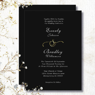 Invitation Mariage minimal chic avec fond noir et or blanc