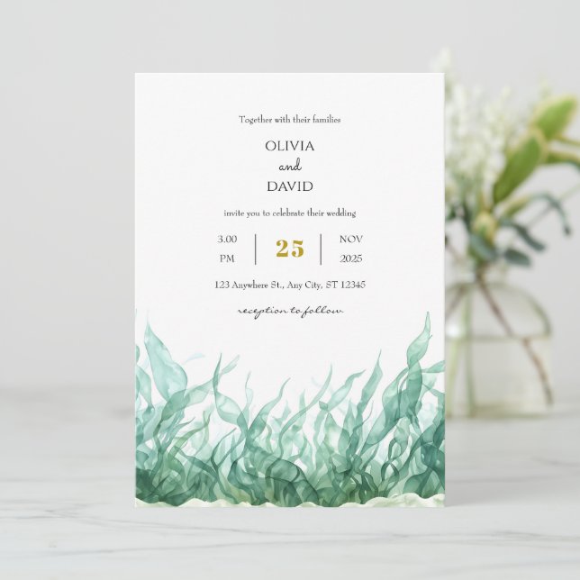 Invitation Mariage minimal d'algues sous-marines vertes (Debout devant)