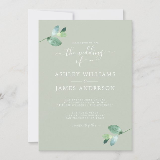 Invitation Mariage minimal de feuillage Eucalyptus à script c (Devant)