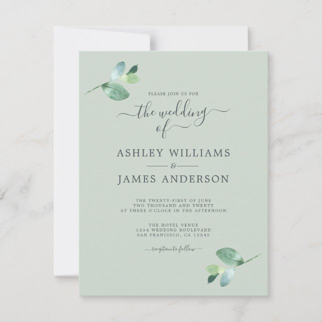 Invitation Mariage minimal de feuillage Eucalyptus à script c (Devant)