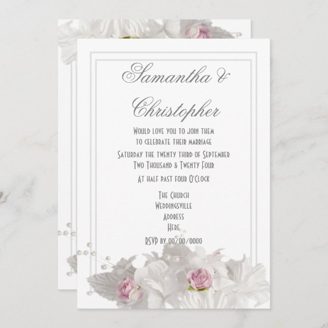 Invitation Mariage minimal de fleurs blanches (Devant / Derrière)