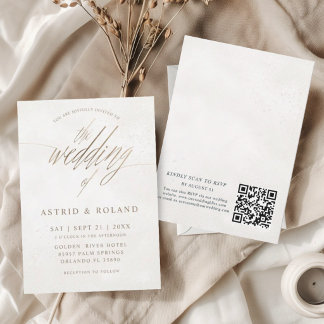 Invitation Mariage minimal de luxe avec QR Code or et beige