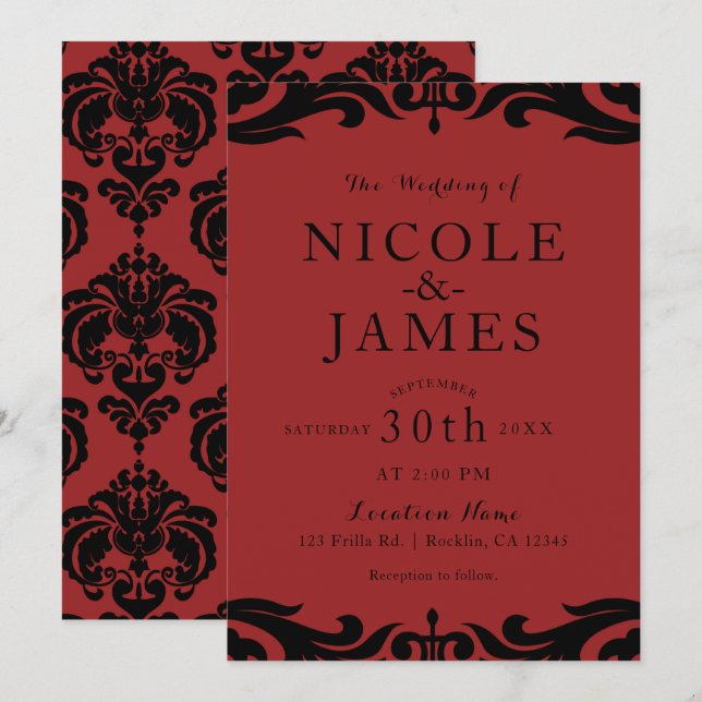 Invitation Mariage minimal élégant chic damassé rouge et noir (Devant / Derrière)