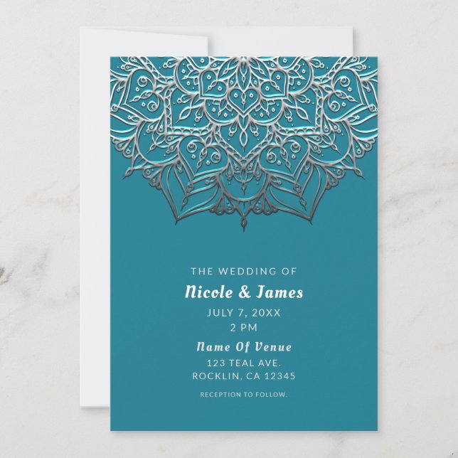 Invitation Mariage minimal élégant mandala argent et sarcelle (Devant)