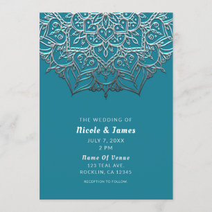Invitation Mariage minimal élégant mandala argent et sarcelle