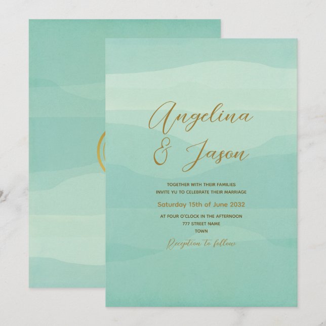 Invitation Mariage minimal Gold Sage vert (Devant / Derrière)