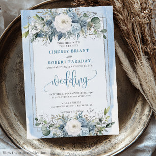 Invitation Mariage minimal Pastel Bleu Peonies d'argent blanc