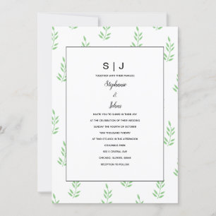 Invitation Mariage minimal pour le monogramme vert des feuill