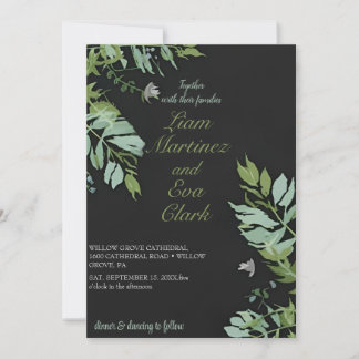 Invitation Mariage minimaliste à feuille noir et blanc modern