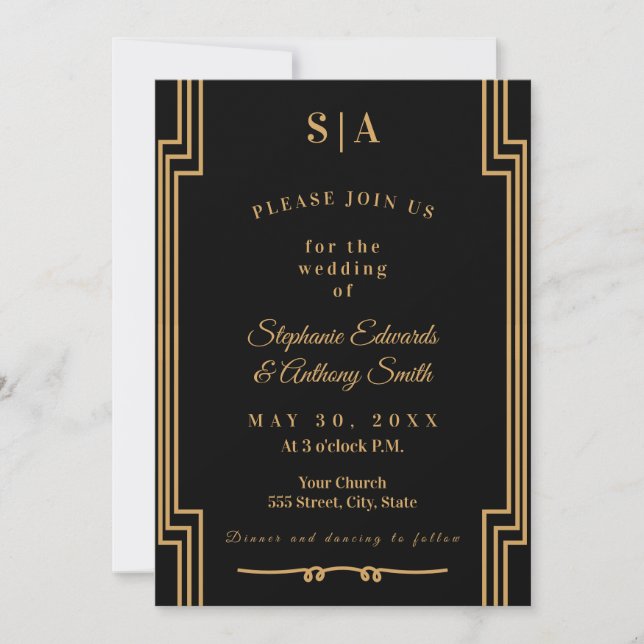 Invitation Mariage minimaliste Art déco noir et or (Devant)