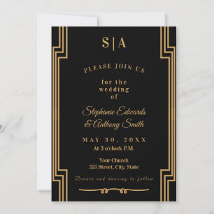 Invitation Mariage minimaliste Art déco noir et or