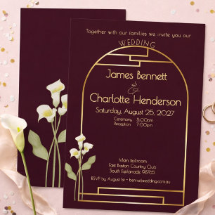 Invitation Mariage minimaliste Art Nouveau lys plume or arc