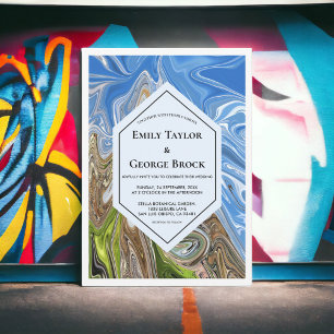 Invitation Mariage minimaliste aux tons géométriques bleus et