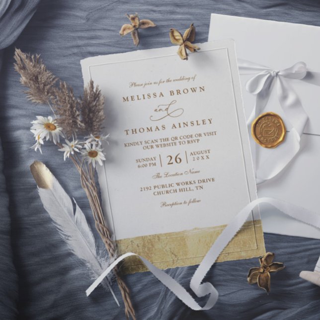 Invitation Mariage minimaliste avec code QR doré métallisé (Créateur téléchargé)