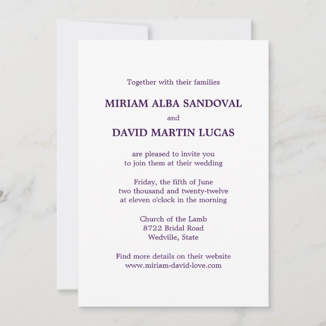Invitation Mariage minimaliste bilingue bilingue violet (Devant)