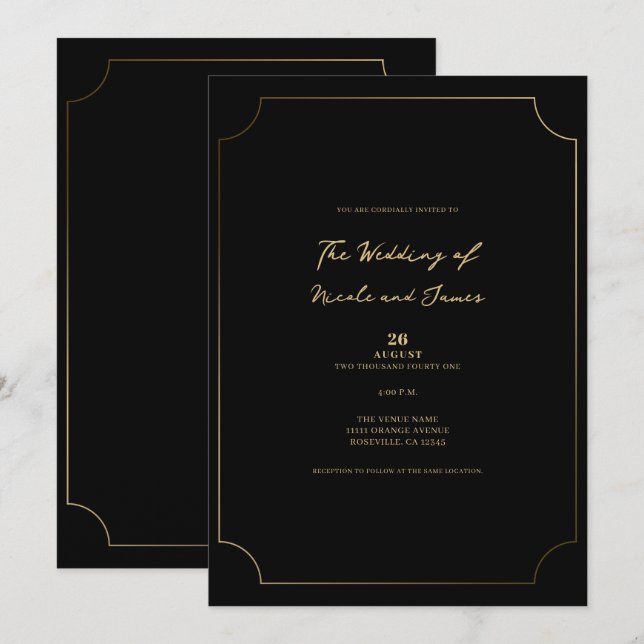 Invitation Mariage minimaliste Black & Gold (Devant / Derrière)