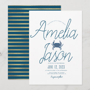 Invitation Mariage Minimaliste Bleu  Faux Foil Script Crabe