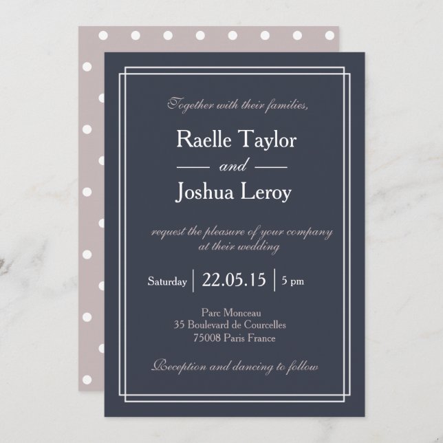 Invitation mariage minimaliste bleu pois (Devant / Derrière)