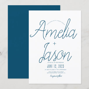 Invitation Mariage Minimaliste Bleu + Type de Script Blanc