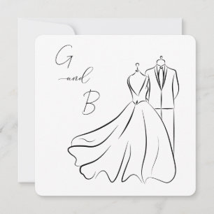 Invitation Mariage Minimaliste Carré Monogramme Noir Blanc