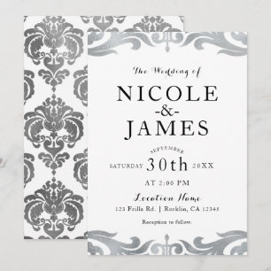 Invitation Mariage minimaliste chic damassé argent et blanc