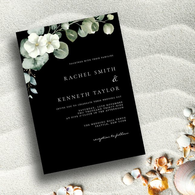 Invitation Mariage minimaliste chic Eucalyptus noir et blanc (Créateur téléchargé)