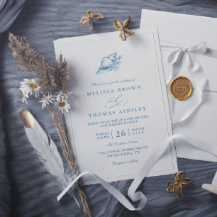 Invitation Mariage minimaliste code QR coquillage vintage ble