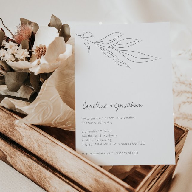 Invitation Mariage minimaliste de ligne Botanique Blanc Noir (Créateur téléchargé)