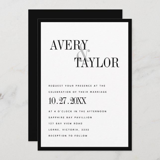 Invitation Mariage minimaliste de typographie noir blanc (Devant / Derrière)
