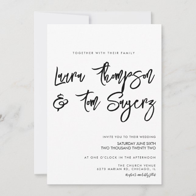 Invitation Mariage Minimaliste Écriture Pinceau Noir Blanc (Devant)