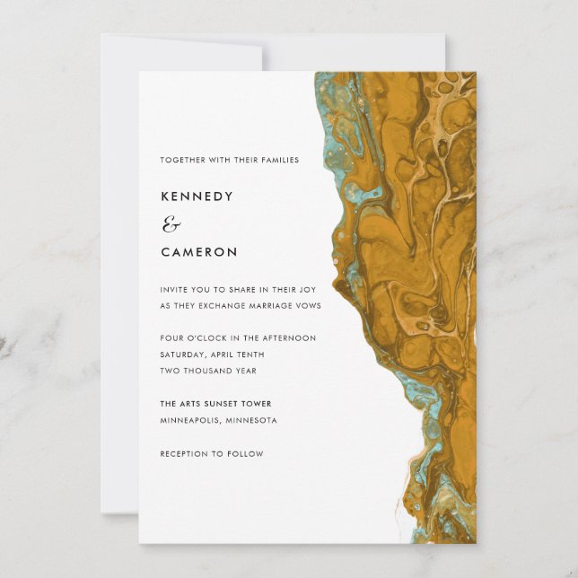 Invitation Mariage minimaliste en marbre jaune or et aqua (Devant)