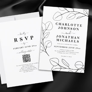 Invitation Mariage Minimaliste Feuille d'Eucalyptus Noir et B