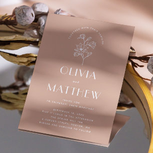 Invitation Mariage minimaliste Floral Blanc Chaud. QR et phot