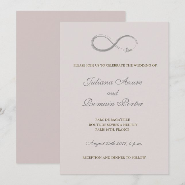 Invitation Mariage minimaliste gris rose pâle enseigne infini (Devant / Derrière)
