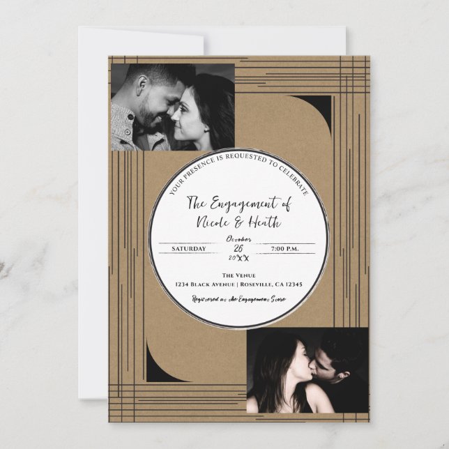 Invitation Mariage minimaliste lignes modernes Kraft noir (Devant)