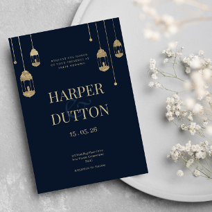 Invitation Mariage minimaliste marine bleu lanterne d'or