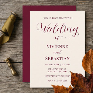Invitation Mariage minimaliste moderne burgundy ivoire