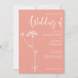 Invitation Mariage minimaliste moderne floral corail pêche