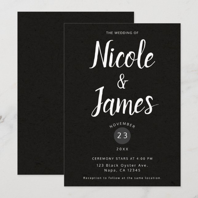 Invitation Mariage minimaliste moderne noir chic (Devant / Derrière)