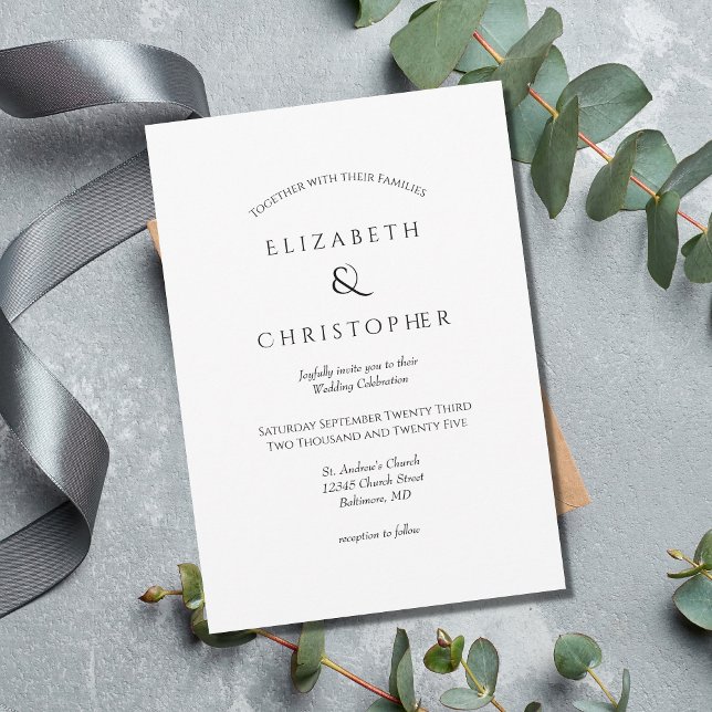 Invitation Mariage minimaliste moderne simple blanc noir  (Créateur téléchargé)