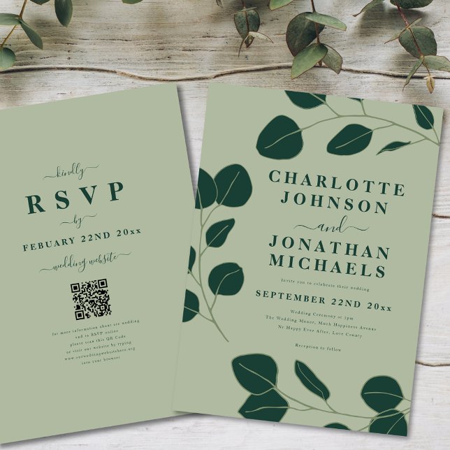 Invitation Mariage Minimaliste Moderne Vert Sauge Feuille (Modern minimalist eucalyptus leaf elegant wedding invitation ideal for an outdoor forest wedding)