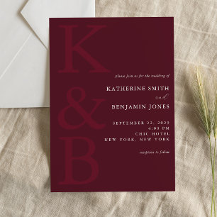 Invitation Mariage Minimaliste Monogramme Bourgogne Moderne