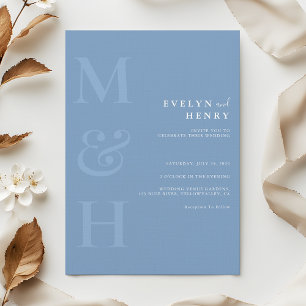 Invitation Mariage Minimaliste Monogramme Simple Bleu Poussié