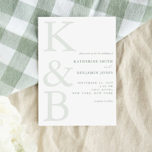 Invitation Mariage Minimaliste Monogramme Vert Sauge Moderne
