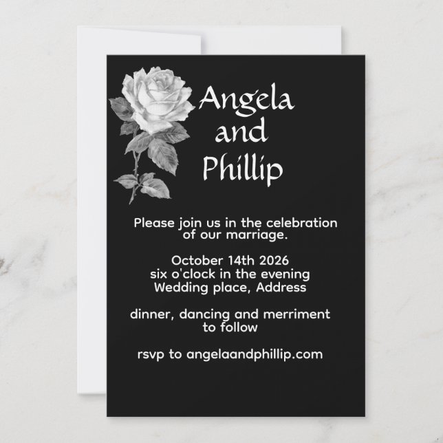 Invitation Mariage Minimaliste Noir & Blanc Avec Des Roses (Devant)